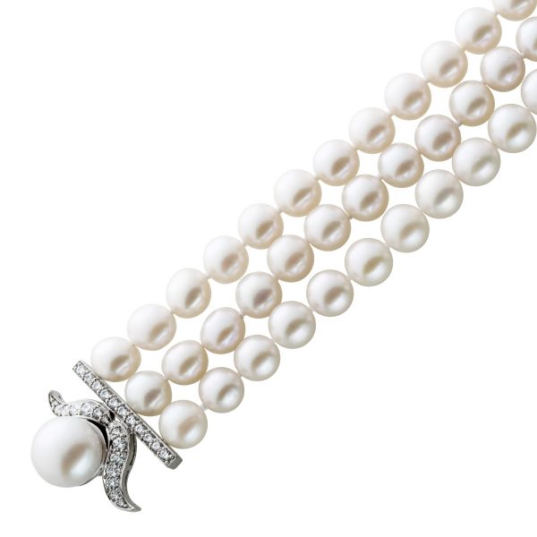 Perlenkette Japanisches Akoyaperlen 3-reihig weiß glänzende riesige Akoyaperlen Designer Magnetschließe 925/- Sterlingsilber funkelnde Quarz Edelsteine Unikat