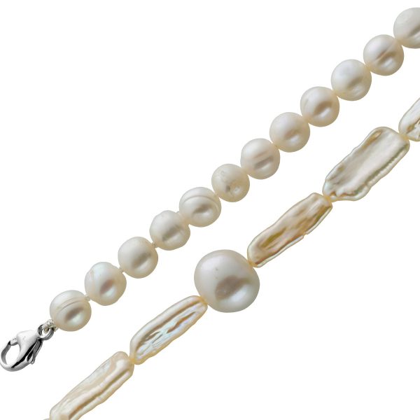 Japanische BiwaPerlen Kette 110 cm sehr schönes Perlenlustre viele Perlen Formen 14 Karat Weißgold Karabiner Perlen 7-11 mm groß
