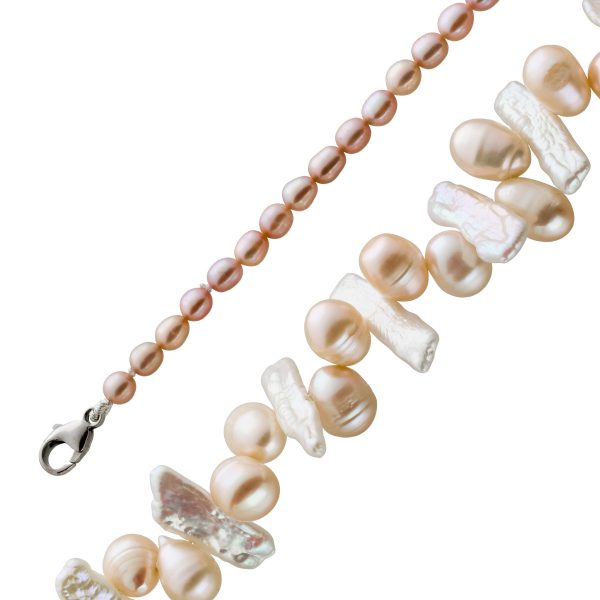 Japanische Biwa Perlen Kette mit vielen Perlen Formen rose pfirsich weißes Perlenlustre Mehrreihig tragbar Weißgold 14 Karat Karabiner 190cm