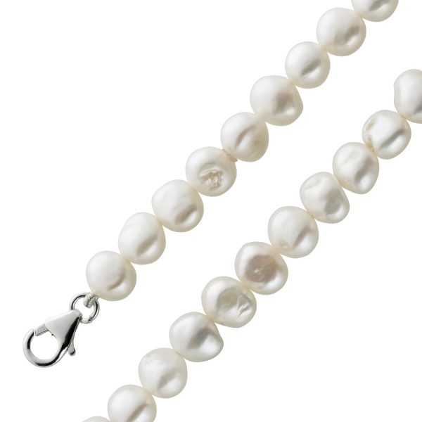 Perlenkette – Perlencollier Süßwasserzuchtperlen weißes Perlenlustre Kartoffelform Silber 925 Karabiner Länge 135 cm