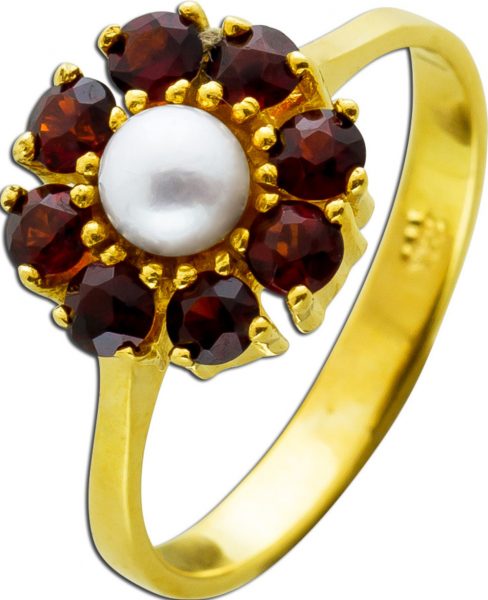 Antiker Ring Gelbgold 333 8 Granat Edelsteine 1 Akoya Perle