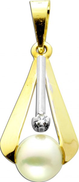 Antiker Anhänger um 1950 Gelb Weißgold 585 14 Karat 1 Diamant 0,01ct TW/VVSI 8/8 1 Akoya Perle rose Perlenlustre