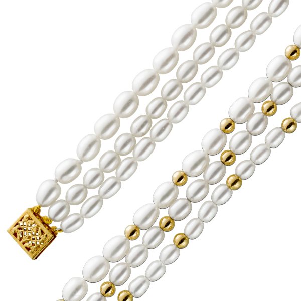 Antike Perlenkette Japanische Biwaperlen Colier 3-reihig im Verlauf 4-6mm Goldkugeln 585 Kastenschloss Gelbgold 585 Vintage um 1980 43cm