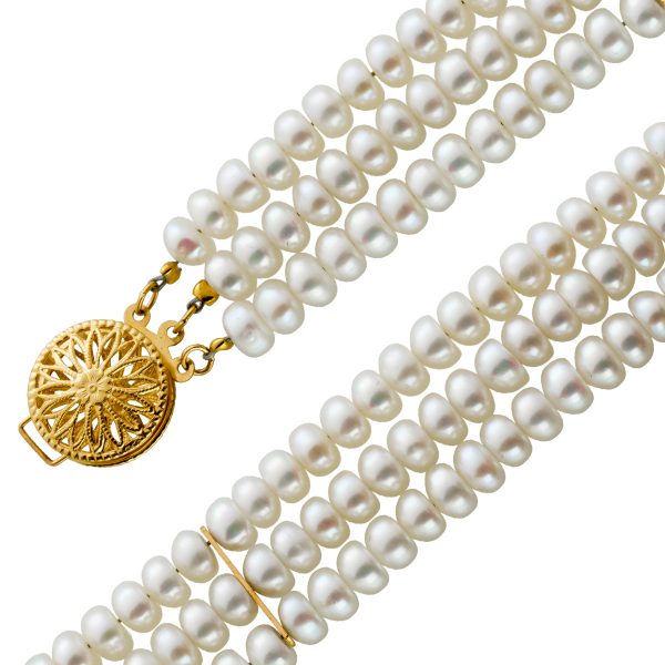 Biwa Perlen Armband 3-Reihig, Gelbgold 585 14 Karat Schließe,Zwischenteile, Knopfförmigeweiße Perlen, Breite 15,5mm Gewicht 19,7 Gramm