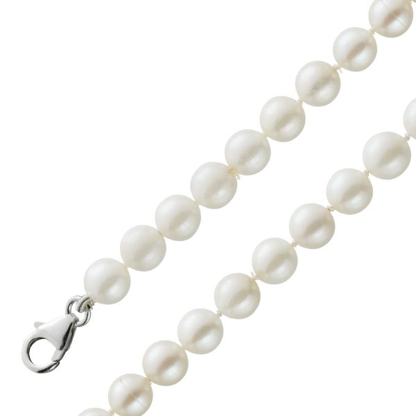 Perlenkette Silber 925 feinste Japanische Akoyaperlen 6,6mm ganz rund mittleres Lustre weißer Perlenglanz Karabiner Schließe Silber Länge 90cm Unikat