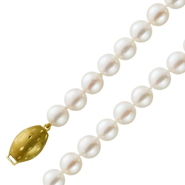 Antike Perlenkette Perlencollier von 1980 Gelbgold 333 Schließe diamantierte Olivenform Japanische Akoyaperlen weiß-rose Top AAA Perlen ganz rund 7,4mm Länge 45cm Gewicht 32,8g Unikat
