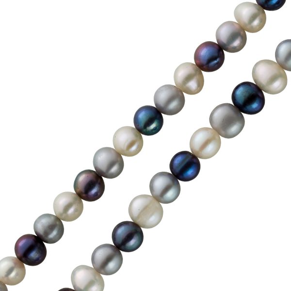 Perlenkette Perlencollier Japanische Süßwasserperlen schwarze- weiße- graue Perlen Top AAA Lustre edle Kartoffelform endlos geknüpft 7-7,5mm Länge 260cm Gewicht 181Gramm Unikat