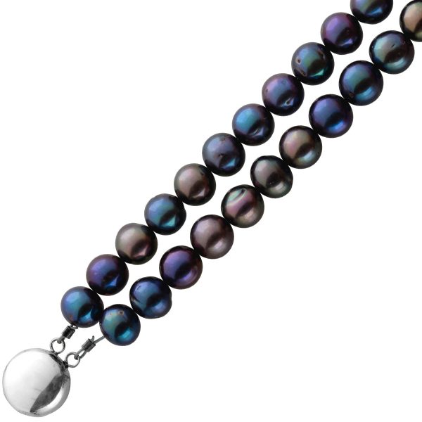 Süßwasserperlencolier 2-Reihig Perlen 8-8,8mm schwarz anthrazit glänzendes Lustre fast ganz rund Silber 925 Schließe Unikat