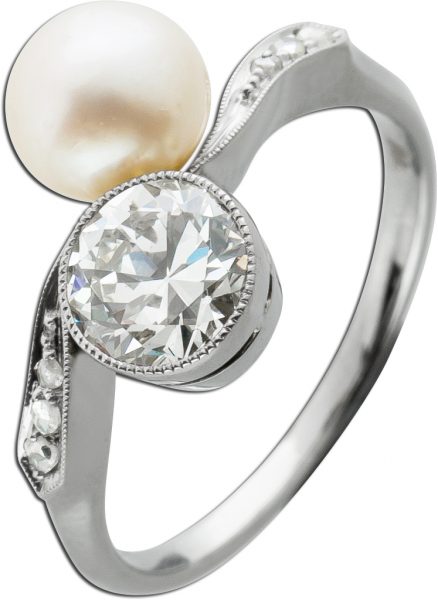 Antiker Ring Weißgold 750 18 Karat 1 Altschliff Diamant 1ct TCR/SI2 6 Diamanten Rosenschliff Total 0,10ct Mit Görg Zertifikat