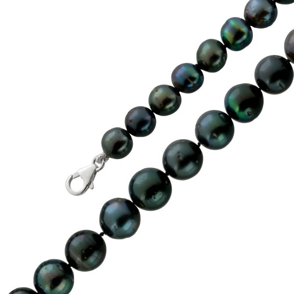 Tahiti Perlenkette schwarz changierende fast ganz runde Perlen im Verlauf 8-10,6mm Sterling Silber 925 Karabiner