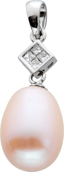 Perlanhänger Weissgold 750/-  Weiss-rose  Süsswasserperle oval  Princess Cut Diamanten  0,10ct,
