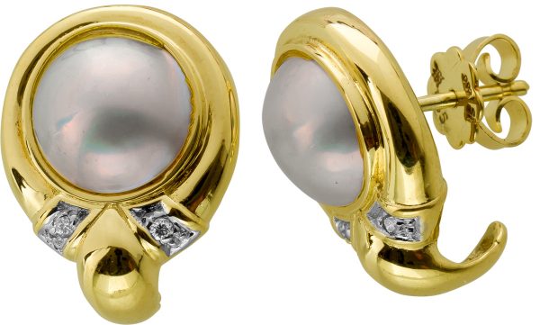 Perlen Diamant Ohrstecker Gelb Weiß Gold 585 14 Karat 2 Mabe Perlen 4 Diamanten Brillant Schliff TW/SI Total 0,04ct Vintage 1960