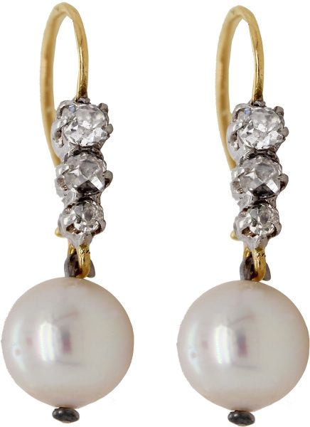 Antike Diamant Perlen Ohrhänger Gelbgold 14Karat 2 Japanische Akoya Perlen 6 Diamanten Rosenschliff Total 0,56ct TW/J1 Vintage 1930
