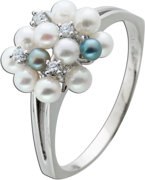 Antiker Perlen Brillant Ring von 1970 Weißold 14Karat 4 Brillanten TW/Lupenrein Total 0,12ct. Japanische Akoyaperlen Pastelltöne Top AAA Perlenlustre