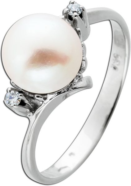 Perlen Diamant Ring Weißgold 750 18 Karat Japanische Akoyaperle ganz rund 2 Diamanten Total 0,04ct TW/Lupenrein