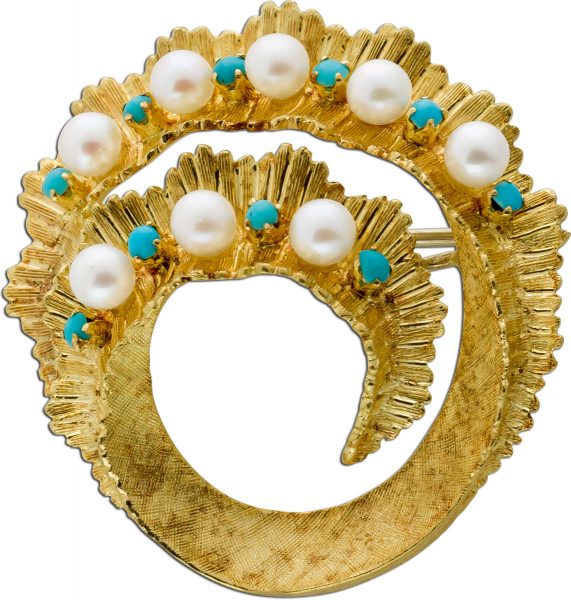 Antike Brosche Gelbgold 750 8 Orient Perlen 10 Türkise
