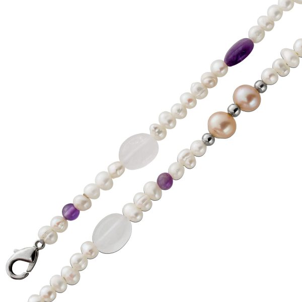 Perlenkette mit Edelsteinen Silber 925 Biwa Perlen Japan Top AAA Lustre 7,4mm Amethyst Rosenquarz Edelsteine