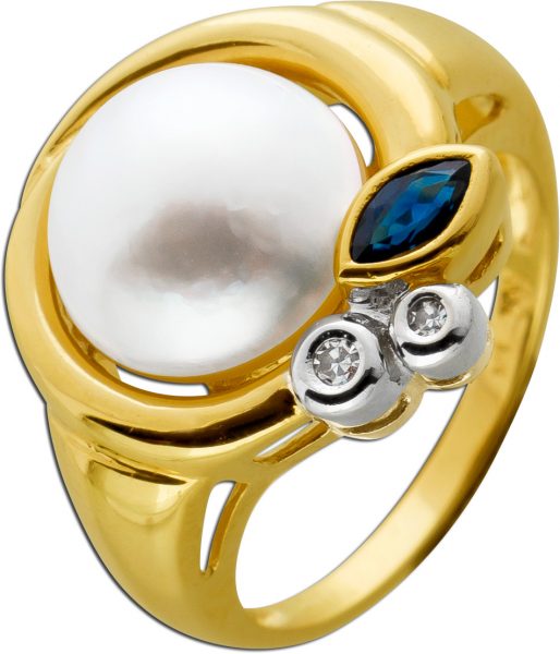 Perlenring Gelbgold Weißgold 585 Mabe Perle Diamanten blauer Saphir