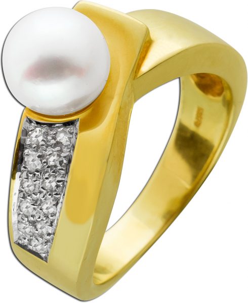 Perlenring Gelb und Weißgold 585 Japanische Akoyaperle Diamanten