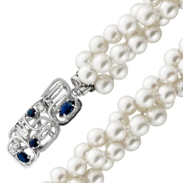 Perlenkette – Perlencollier 46cm 6mm japanische Akoyaperlen Saphire Diamanten