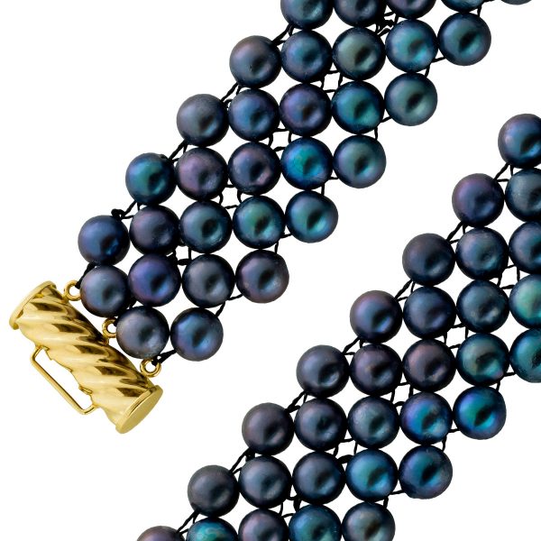 Perlenkette – Antikes Akoyaperlencollier 5-Reihig um 1980 Gelbgold 585 Schließe