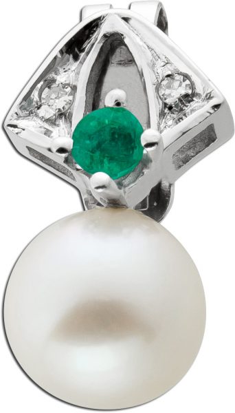 Perlenanhänger Weißgold 585 Japanische Akoyaperle Smaragd 2 Diamanten