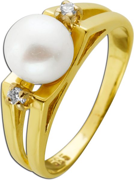 Perlenring mit Diamanten Gelbgold 585 Japanische Akoyaperle Top AAA