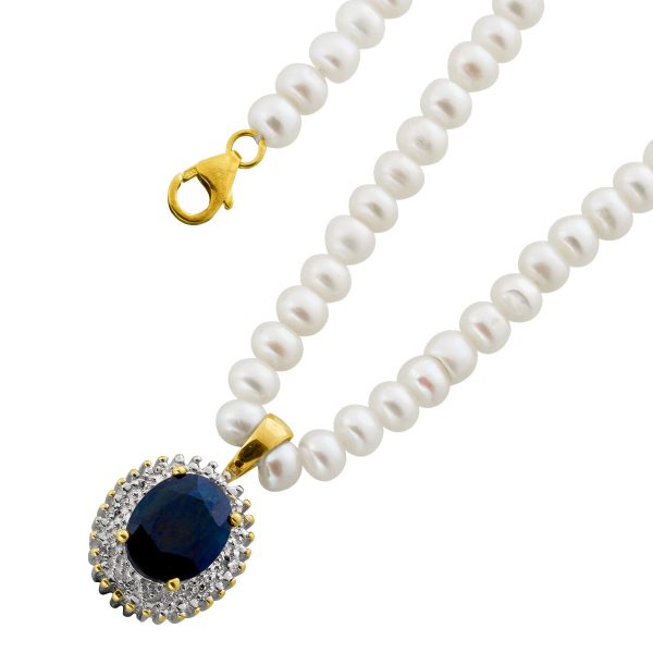 Perlenkette 46cm Gelbgold 333 blauer Saphir Diamanten Süßwasserperlen