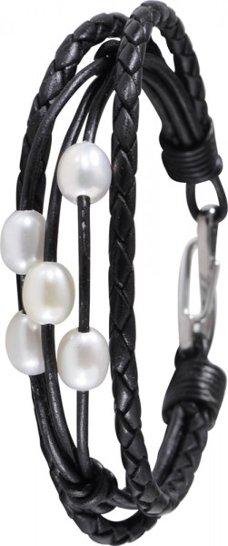 Lederarmband Perlenarmband schwarzes Leder weisse Perlen Süßwasserzuchtperlen Edelstahl Toyo Yamamoto