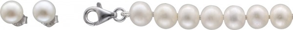 Perlenkette Perlenarmband weiß Perl Ohrstecker Süsswasserzuchtperlen Silber 925 Schmuckset