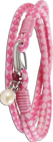 Baumwollband Armband mit gewachster, strapazierbarer Baumwolle in Pink und rosa mit Edelstahl Verschluss und Süsswasserzuchtperle, T-Y