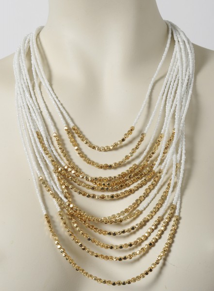 Crystal Blue Perlenkette – Perlencollier mehrreihige weiße Kunstperlen, teils vergoldet