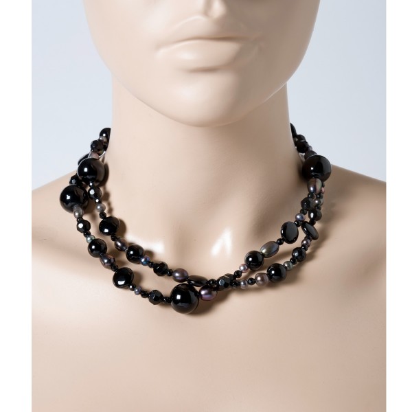 Perlenkette – Schwarz Achat Edelsteinkette Perlencollier Kette Süsswasserzucht Perlen