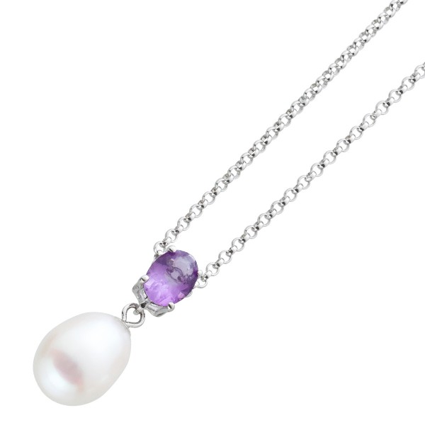 Violett Halskette Amethyst  Anhänger lila weisse Süsswasser zucht perle Silber 925 42cm