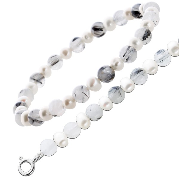 Perlenkette weiss Perlenarmband Rutilquarzband Silber 925 Schmuckset