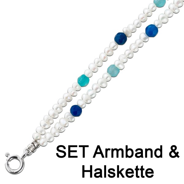 Perlenkette Perlen Armband Kette Set weiß Edelstein blau türkis Achat Silber 925