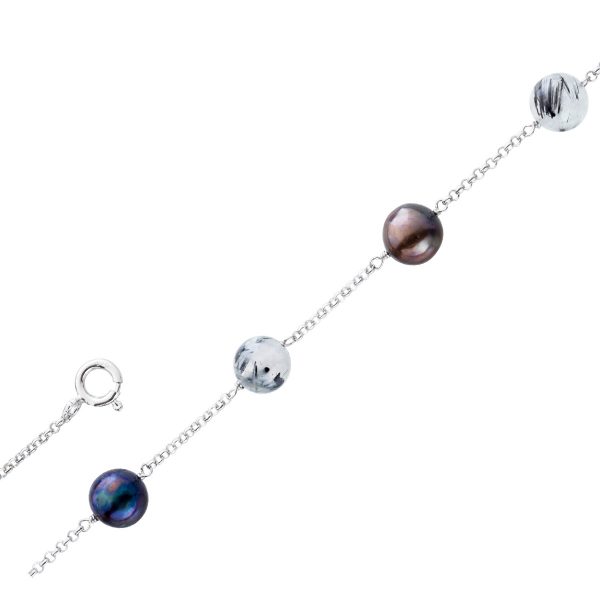 Perlen Halskette Silber 925 schwarze graue Zuchtperlen Rutilquarz Cabochon