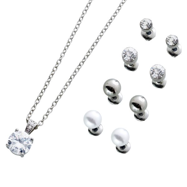Schmuck Set Kirstall Anhängerkette Ohrstecker Silber klarer Kristallen weisse Perlen
