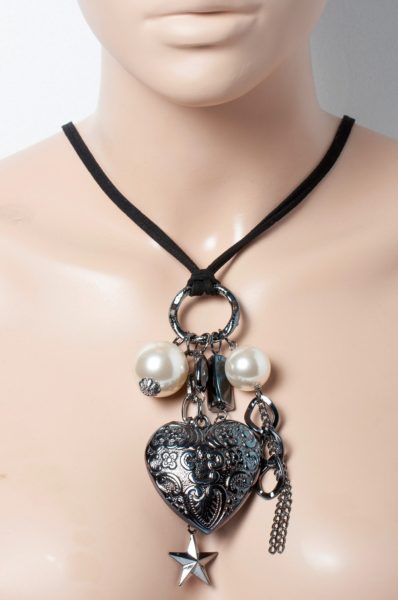 Kunstlederkette geschwärztem Metall Herz Perlen synthetisch 80+8cm