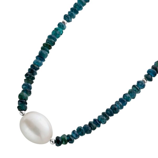 Turmalin Perlen Kette Collier Silber 925 Blau Grüner Farbverlauf weisse Südseeperle 37+5cm