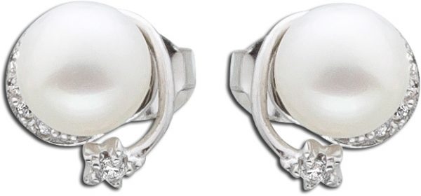 Silber Perlenohrstecker Damen Ohrringe Silber 925 weisse Süsswasserzuchtperle klare weisse runde Zirkonia