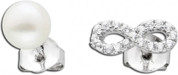 Ohrringe – Ohrstecker Silber poliert 925 Süsswasserzuchtperle Unendlichkeitszeichen 20 Zirkonia