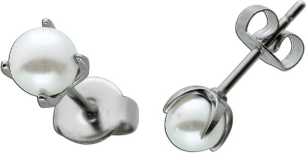 Designer T-Y Ohrstecker Edelstahl mit weiß leuchtender Perle 5mm Durchmesser