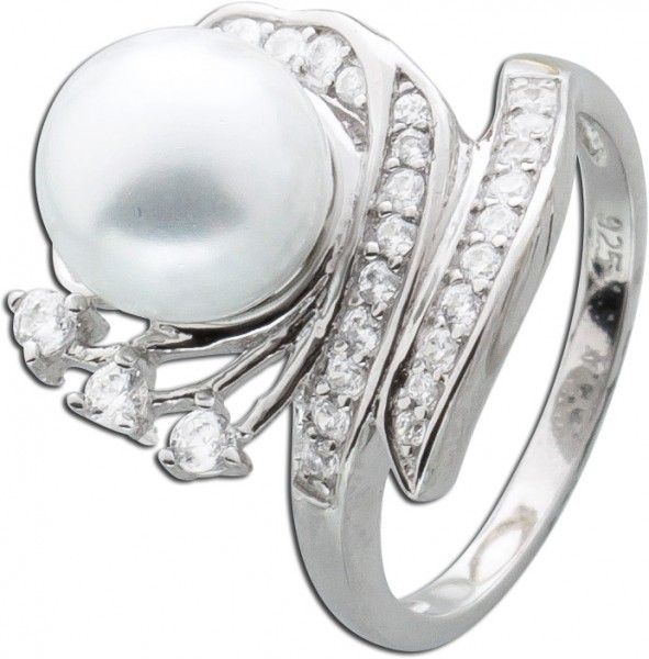 Perlen Ring Silber 925 weiße Glassperle Zirkonia