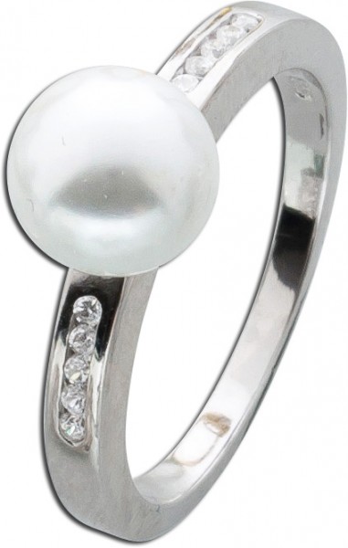 Silberring Perlen Ring Silber 925 weiße Glasperle Zirkonia