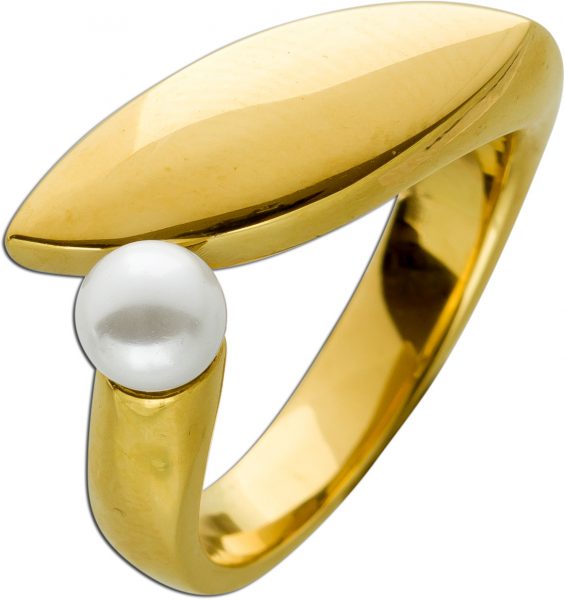 Perlen Designer Ring Edelstahl gelb vergoldet weiße synthetische Breite 9,8mm T-Y