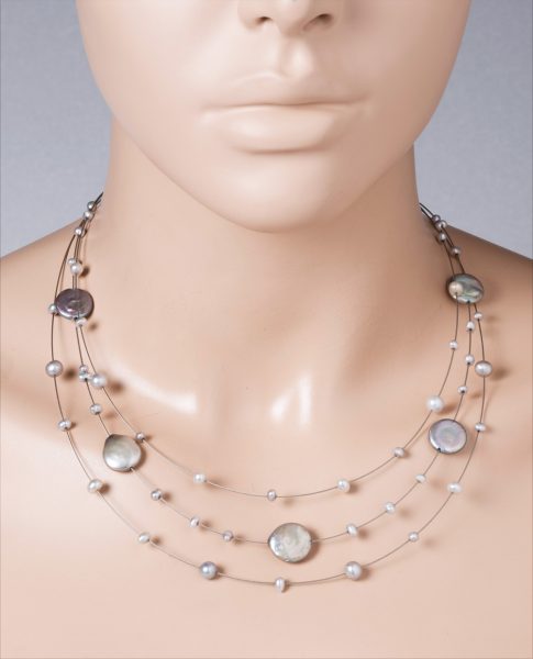 Collier 3-reihig Stahl Draht Süsswasserzuchtperlen 4-13mm graue Perlen Federring Silber 925 43+5cm