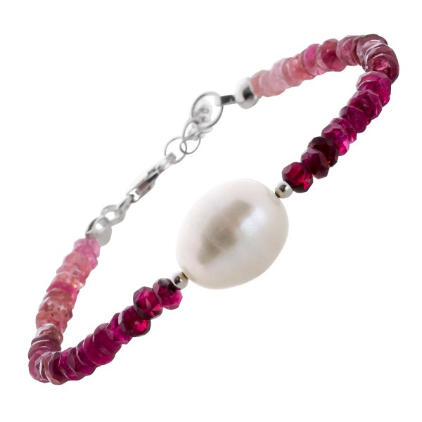 Turmalin Edelstein Perlen Armband Silber 925 weisse Südseeperle rot pinker Farbverlauf 16+3cm