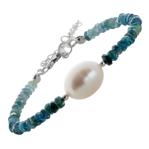 Turmalin Edelstein Perlen Armband Silber 925 weisse Südseeperle blau grüner Farbverlauf 16+3cm