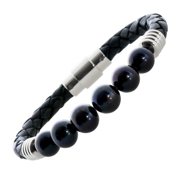 Bolo Perlen Lederarmband schwarz Süsswasserperlen schwarze Edelstahlverschluss Damen 18cm